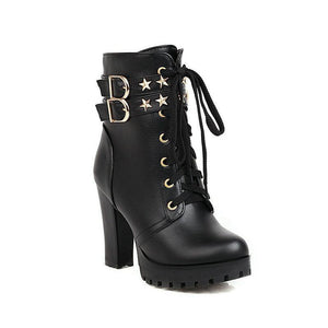 Women star studded buckle strap block high heel platoform boots