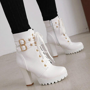 Women star studded buckle strap block high heel platoform boots