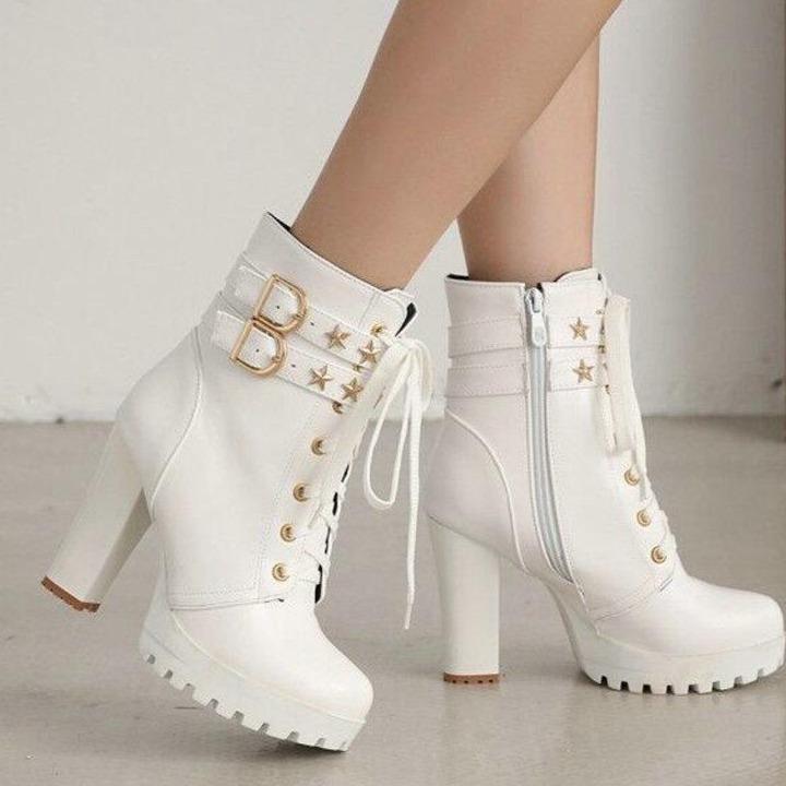 Women star studded buckle strap block high heel platoform boots