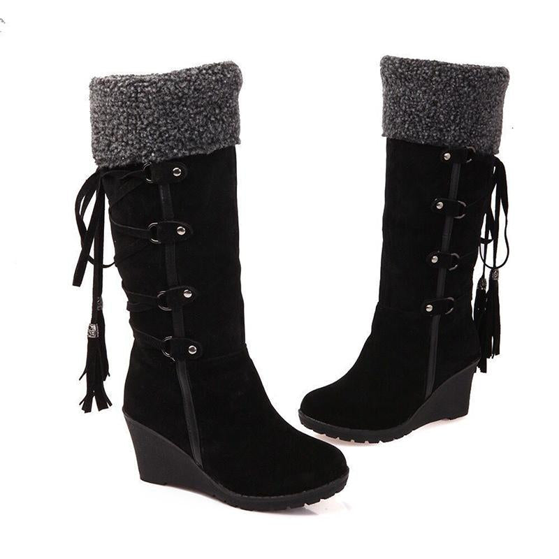 Women's faux fur warm wedge heels knee high boots