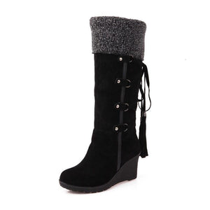 Women Fringe Wedge Heel Winter Snow Fuzzy Lining Keep Warm Back Lace Up Fur Boots