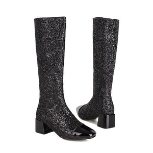 Women color block chunky heel sequin side zipper knee high boots