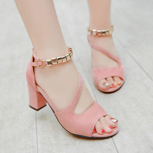 Women peep toe side hollow ankle strap chunky heels