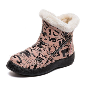 Double Zipper Letter Print Lining Faux Fur Winter Keep Warm Women Ankle Snow Boots