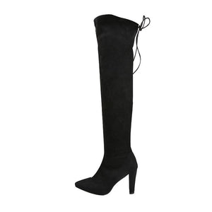 Women's suede stiletto heel stretch thigh high boots pointed toe skinny winter tall boots