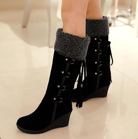 Women's faux fur warm wedge heels knee high boots