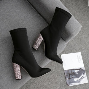 Black heeled boots shiny sexy pointed toe boots 10cm high chunky boots