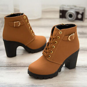 Chunky heel combat boots lace-up ankle boots fashion combat boots for women