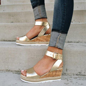 Women Chunky Strappy Adjustable Buckle Wedge Sandals