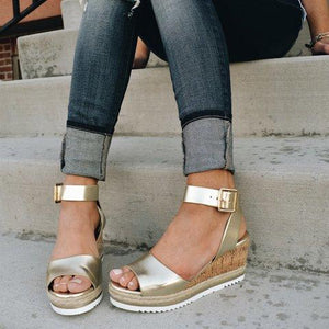 Women Chunky Strappy Adjustable Buckle Wedge Sandals