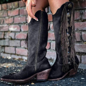 Knee high fringed cowboy boots retro western boots for women vintage block heel boots