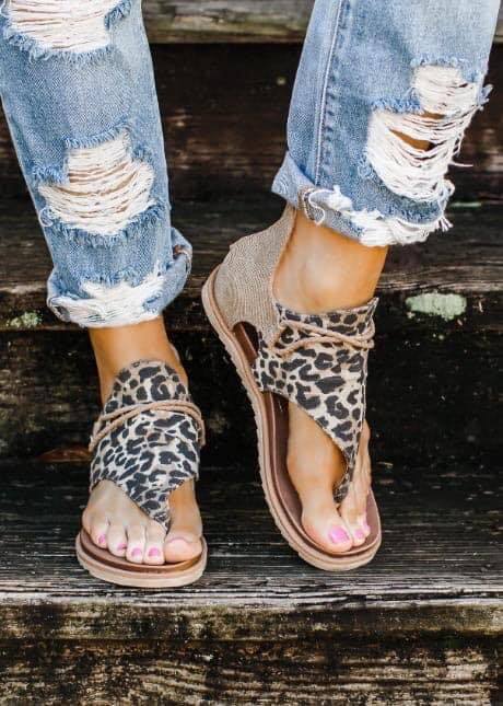 New Fashion Leopard Soft Comfy Thongs Gladiator Flat Sandals - fashionshoeshouse