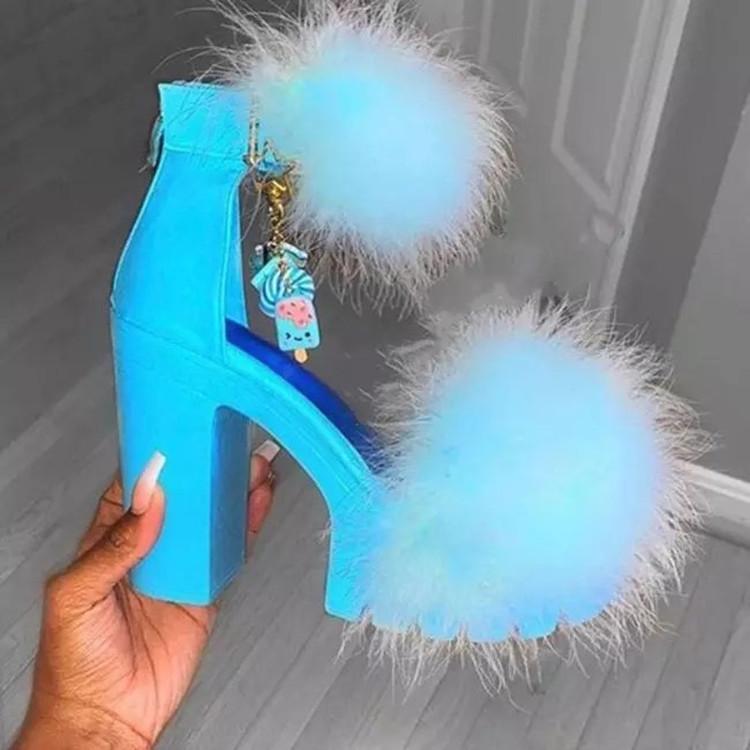 Women fuzzy ankle strap chunky platform heeled sandals