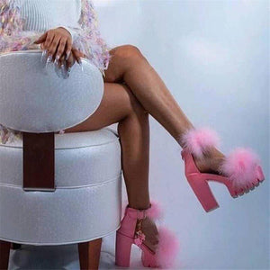 Women fuzzy ankle strap chunky platform heeled sandals