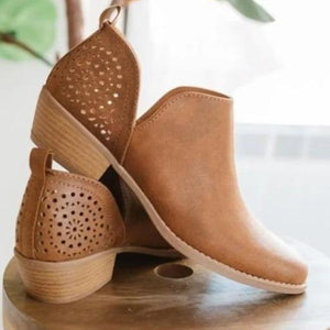 Women's low heel slip on side slit booties hollow fashion ankle boots