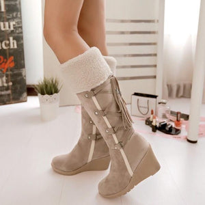 Women Fringe Wedge Heel Winter Snow Fuzzy Lining Keep Warm Back Lace Up Fur Boots
