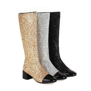 Women color block chunky heel sequin side zipper knee high boots