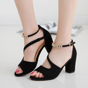 Women peep toe side hollow ankle strap chunky heels