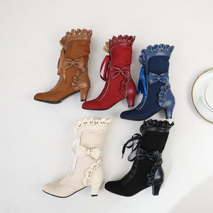 Women cute bowknot hollow flower lace up chunky heel mid calf boots