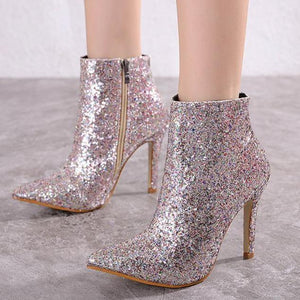 Women's sexy stiletto high heel glitter rhinestone booties pointed toe nightclub party boots