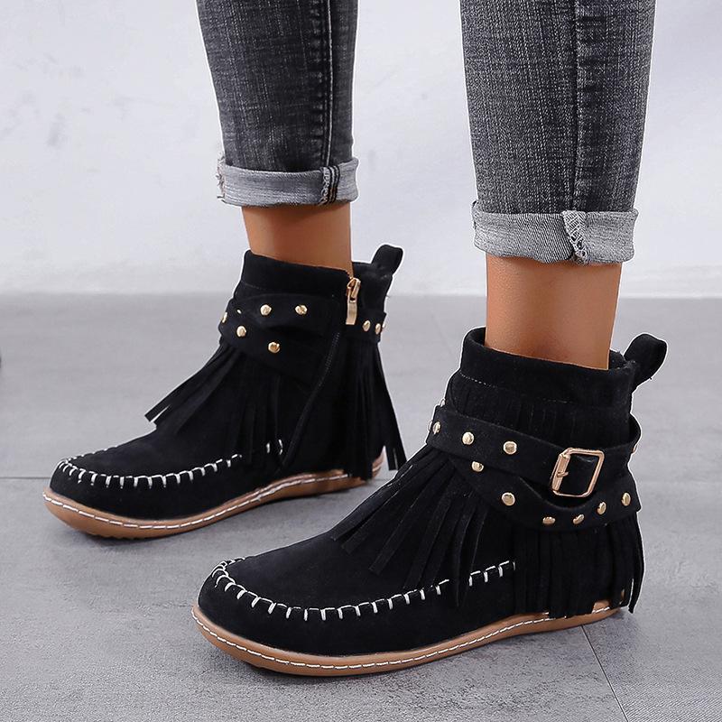 Women Tassel Low Heel Booties Buckle Studded Strap Retro Zipper Stitching Suede Fringe Boots