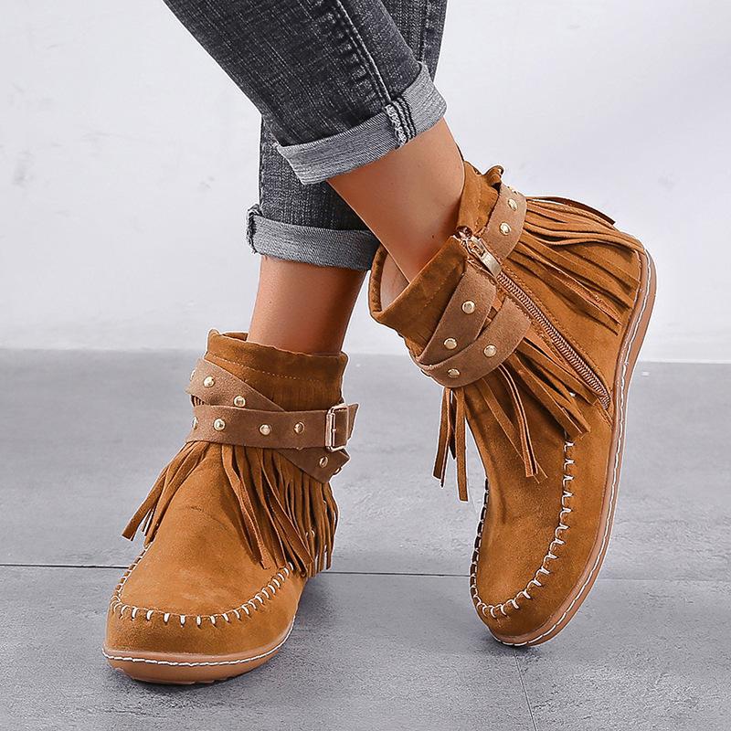 Women Tassel Low Heel Booties Buckle Studded Strap Retro Zipper Stitching Suede Fringe Boots