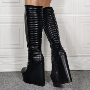 Women sexy knee high black chunky platform wedge boots