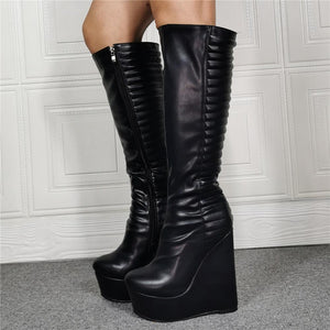 Women sexy knee high black chunky platform wedge boots