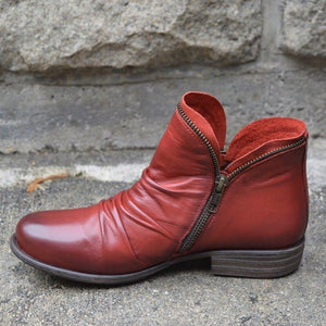 Women Casual Fashion Pure Color Ankle Round Toe Chunky Low Heel Zipper Red Booties