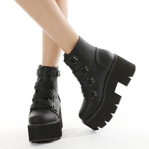 Women's black thick platform punk boots buckle strap chunky gothic ankle boots