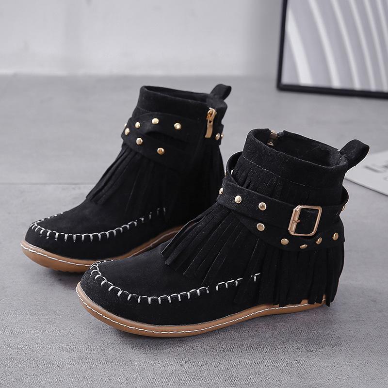 Women Tassel Low Heel Booties Buckle Studded Strap Retro Zipper Stitching Suede Fringe Boots
