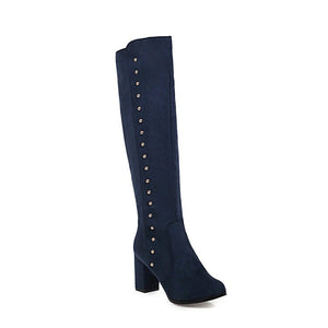 Women chunky heel faux sude side zipper studded knee high boots