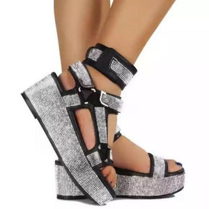Women rhinestone silver gold platform ankle strap wedge sandals