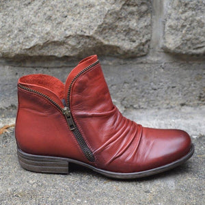 Women Casual Fashion Pure Color Ankle Round Toe Chunky Low Heel Zipper Red Booties