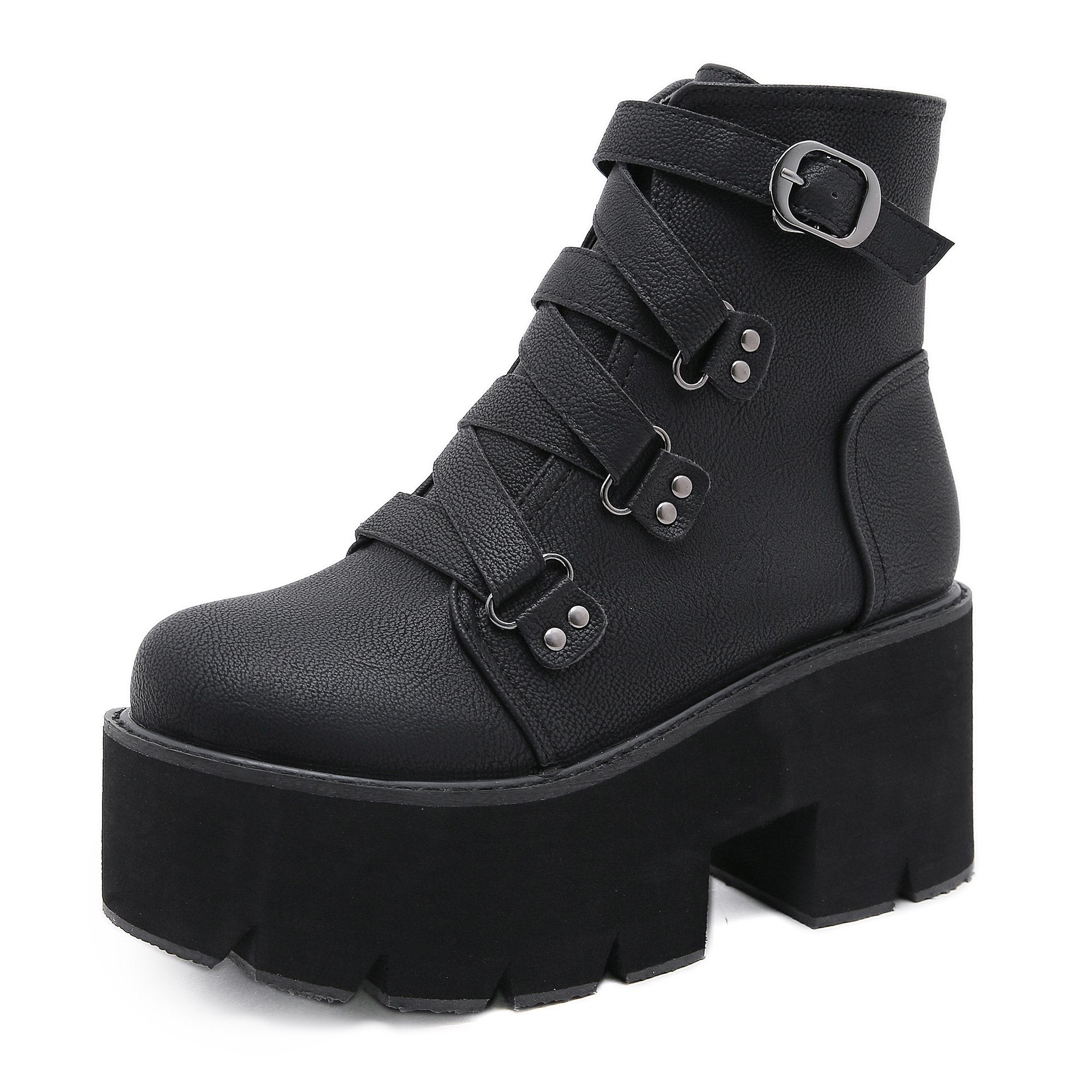 Women's black thick platform punk boots buckle strap chunky gothic ankle boots