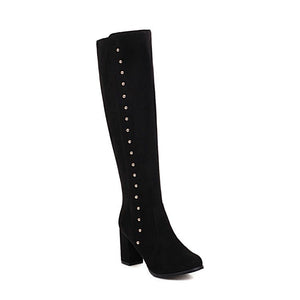 Women chunky heel faux sude side zipper studded knee high boots