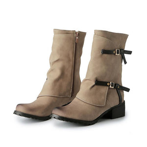 Women retro short buckle strap side zipper chunky heel boots