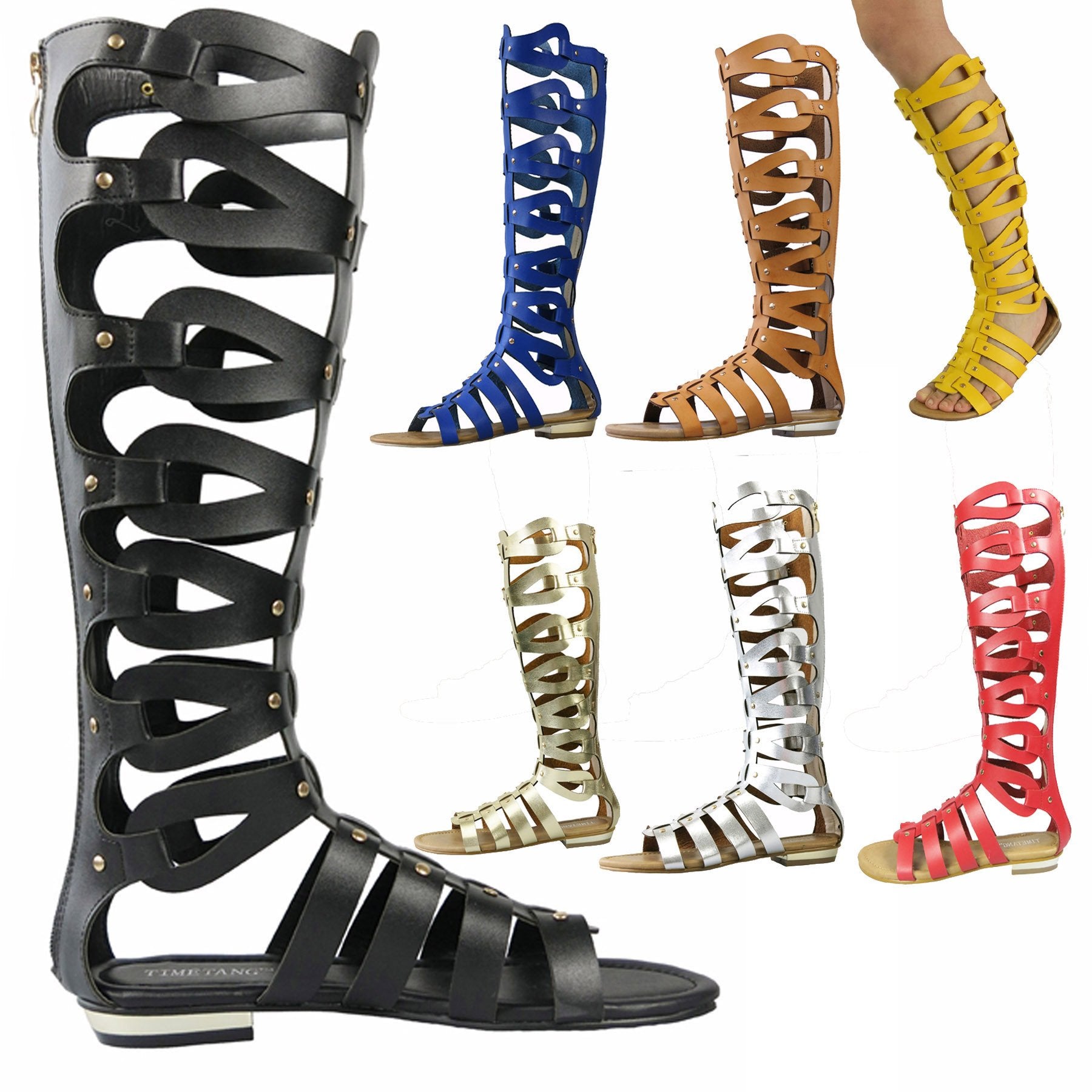 Women peep toe studded gladiator sandals strappy hollow back zipper roman sandals