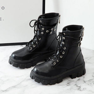 Women black lace up buckle strap back zipper chunky platform boots