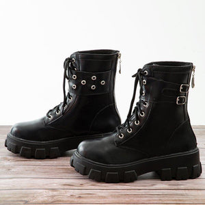 Women black lace up buckle strap back zipper chunky platform boots