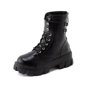 Women black lace up buckle strap back zipper chunky platform boots