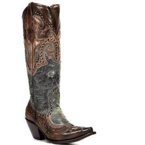 Women's vintage cowboy boots knee high pointed toe western boots