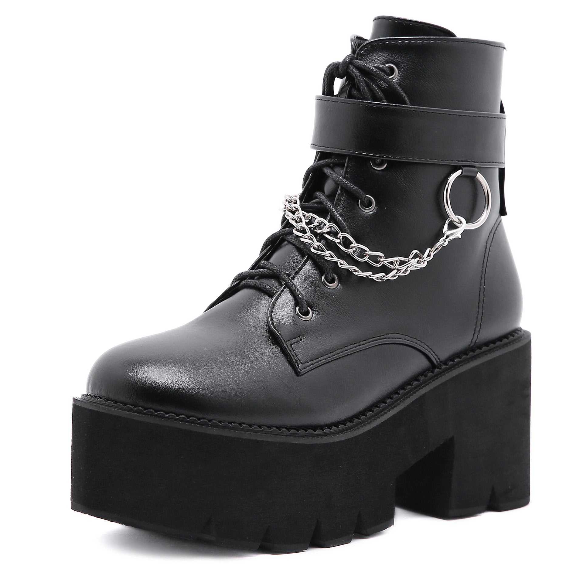 Women's black thick platform metal décor punk booties buckle strap zipper boots