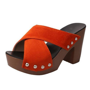 Women's peep toe criss arch support chunky high heel slip on sandals
