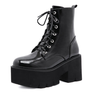 Women's black thick platform combat boots zipper front lace punk boots