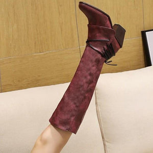 Women motorcycle chunky heel back lace up knee high boots