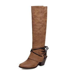 Women motorcycle chunky heel back lace up knee high boots
