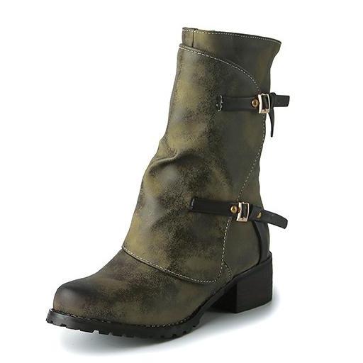 Women retro short buckle strap side zipper chunky heel boots