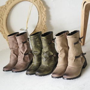 Women retro short buckle strap side zipper chunky heel boots