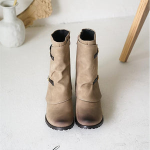 Women retro short buckle strap side zipper chunky heel boots